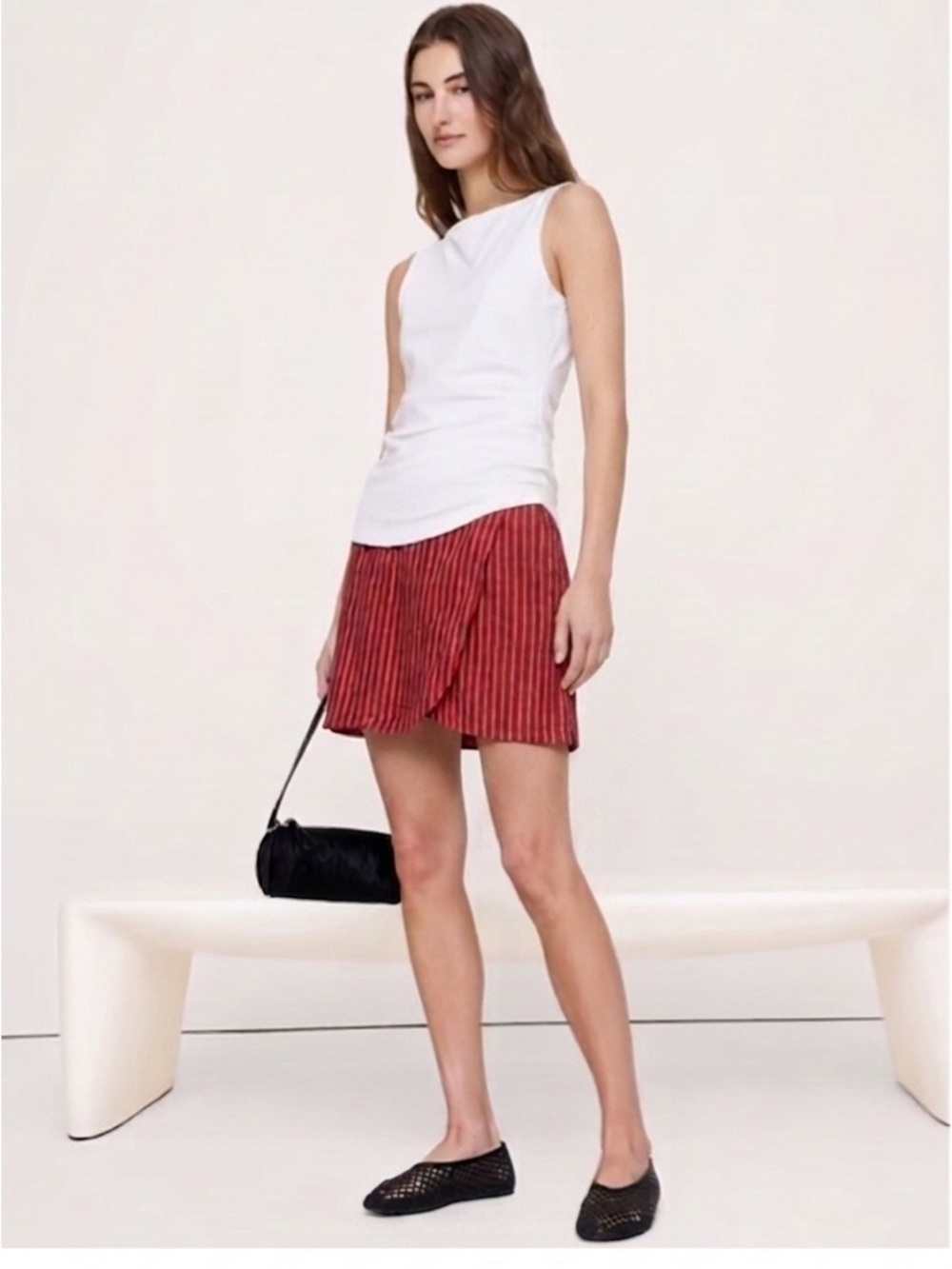 A-line Anne Klein Vintage 90s Linen Faux Wrap 8 Red Striped Linen Mini Skirt Y2K